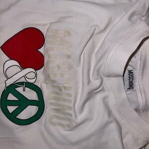 Moschino White Tee with Heart and Peace Graphic